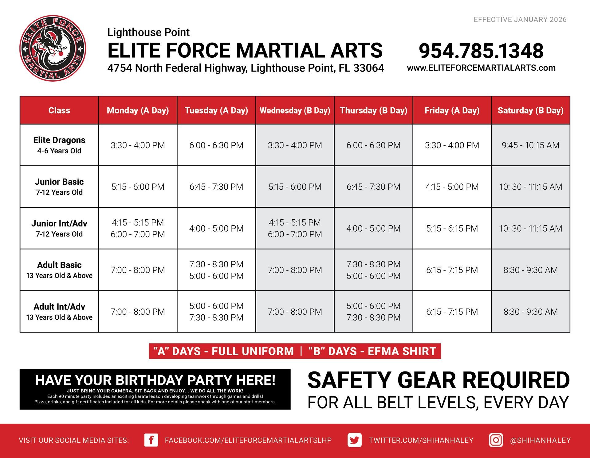 A flyer for elite force martial arts shows the schedule of classes and safety gear required for all belt levels.