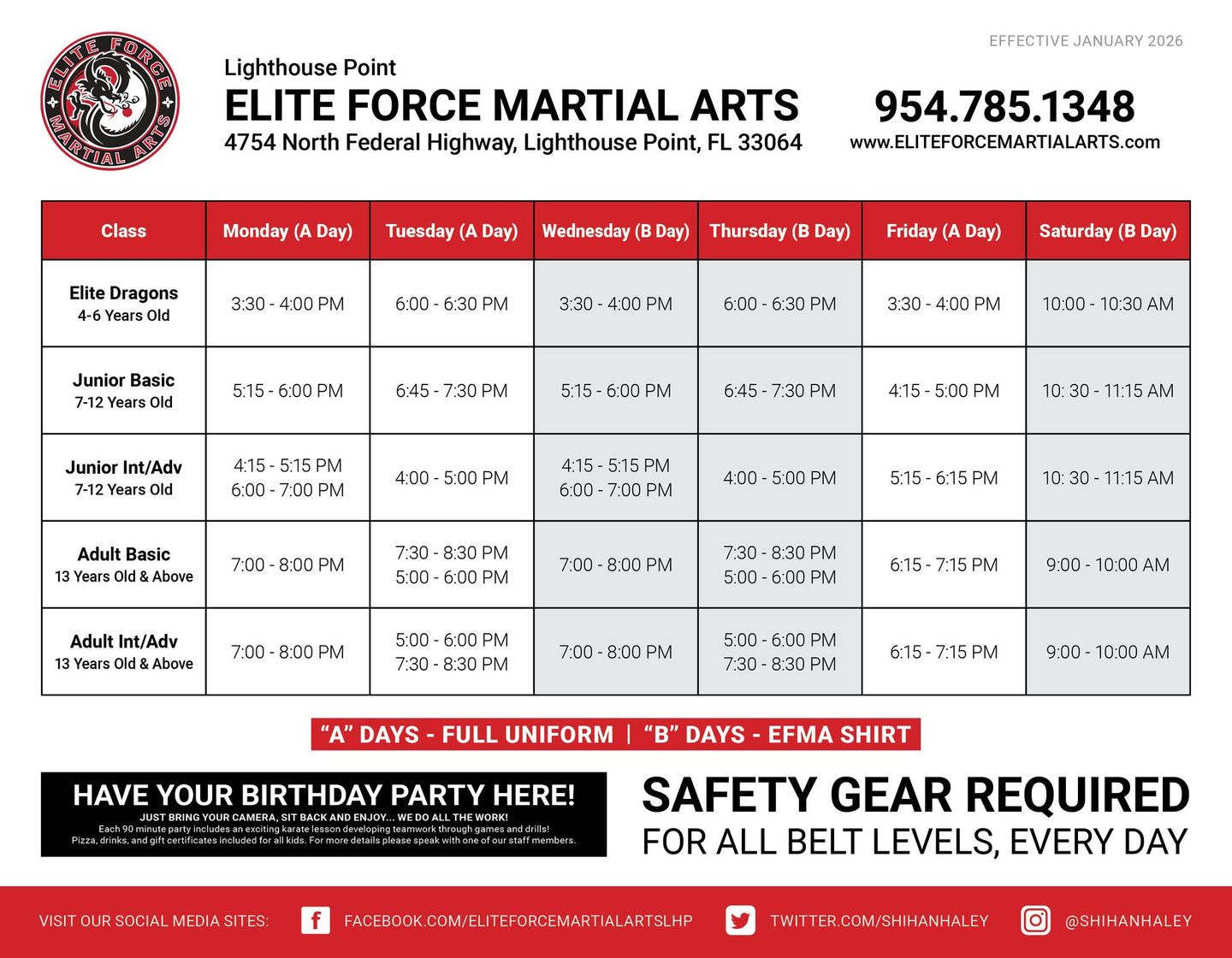 A flyer for elite force martial arts shows the schedule of classes and safety gear required for all belt levels.