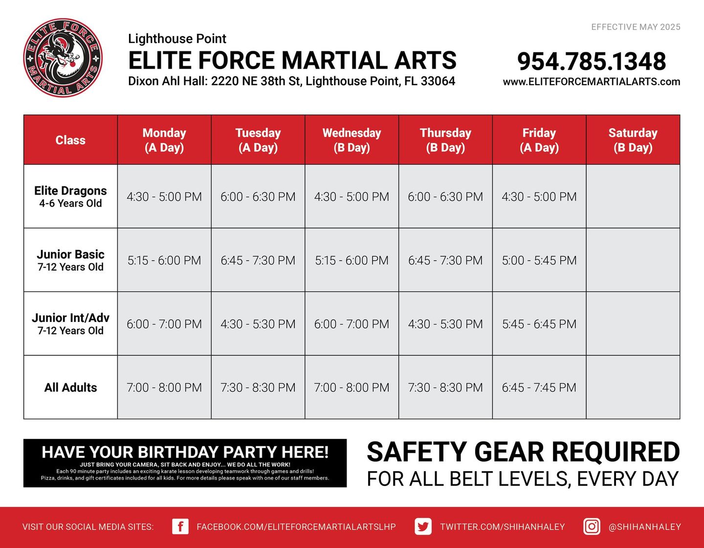 A flyer for elite force martial arts shows the schedule of classes and safety gear required for all belt levels.