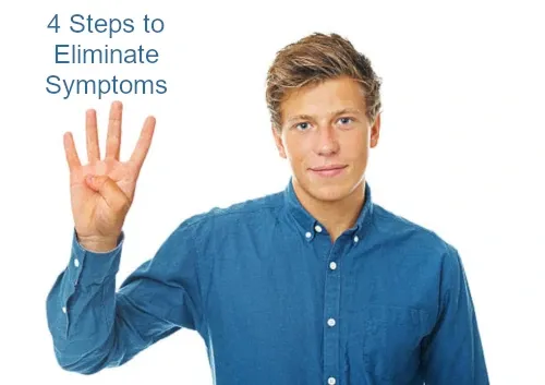 Young caucasian man holding up 4 fingers.