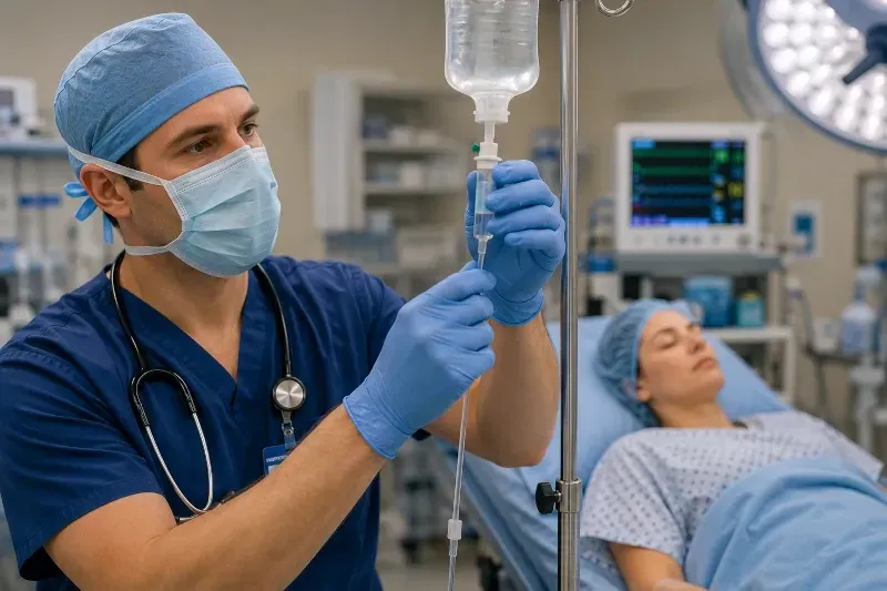 doctor adjusting an IV line