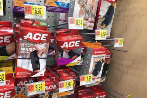 Typical wrist braces and wraps sold in pharmacies.