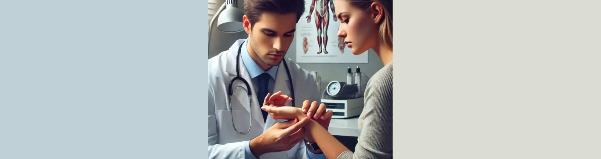 A doctor examines  a woman's hand