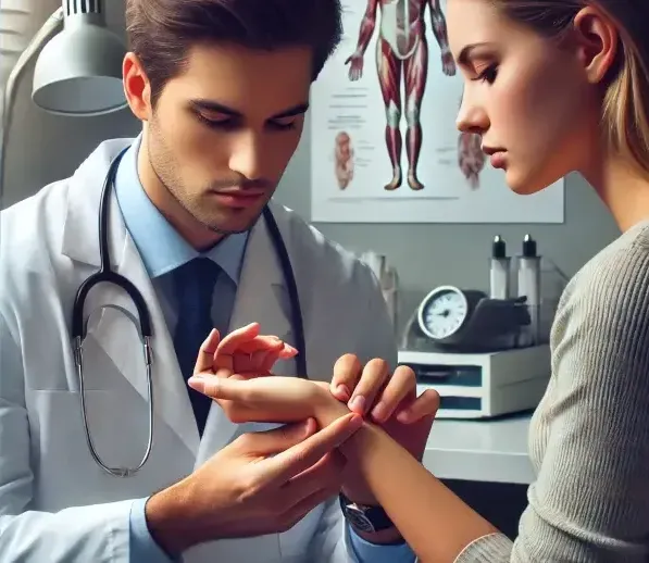 doctor examines female patient's hand