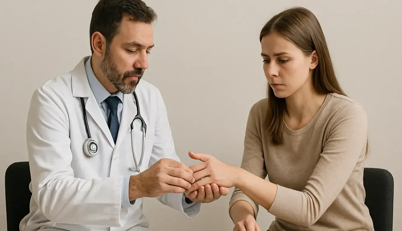 male doctor examines young female patient's hand