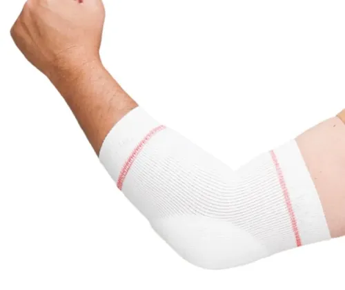 A man's arm with a white cotton elbow pad.