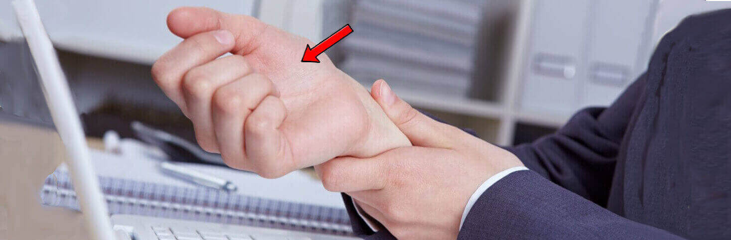 arrow points to thumb muscle