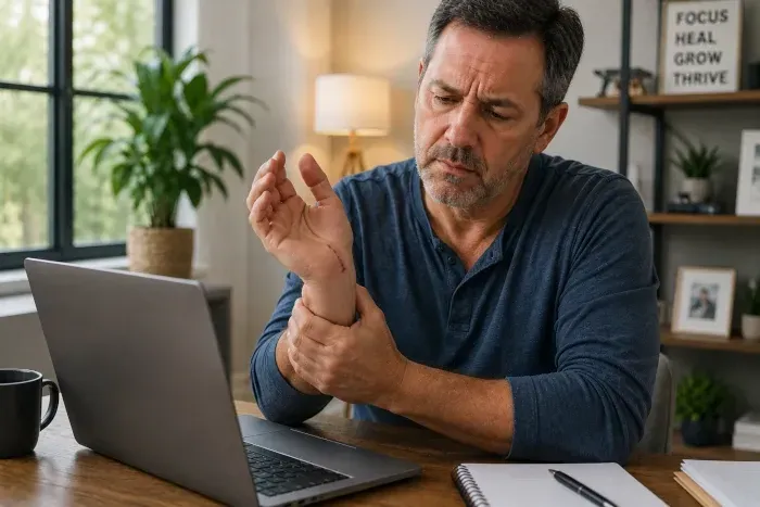 man with surgical scar at laptop