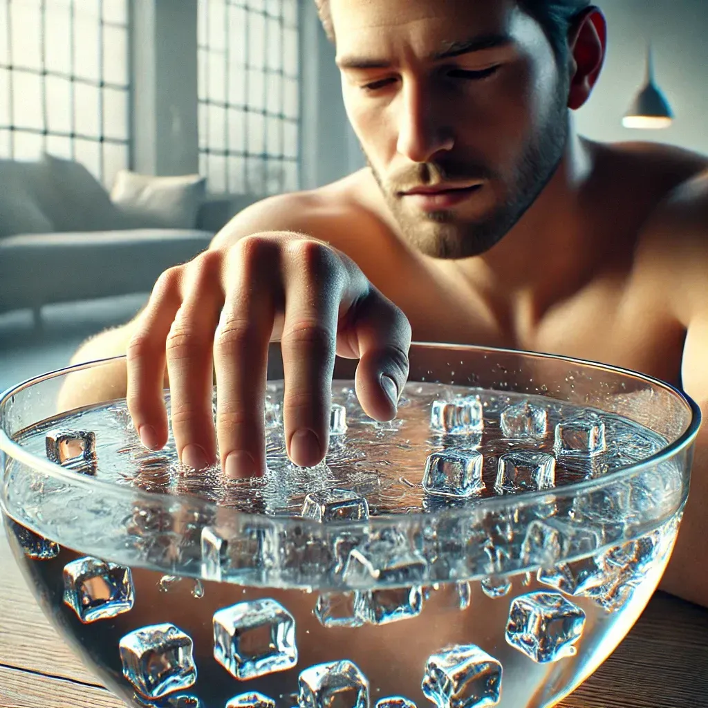man dipping his hand in ice water