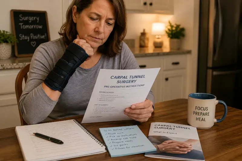 woman at home prepares for carpal tunnel surgery