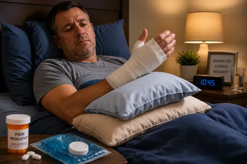 man sleeping with elevatged and bandaged hand