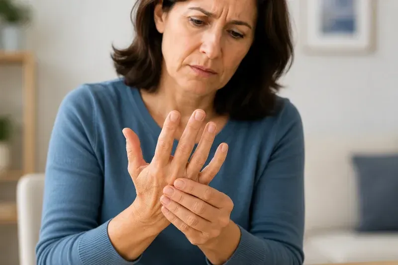 woman examines her hand