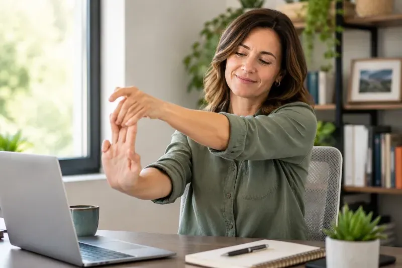 woman doing hand stretches at her desk