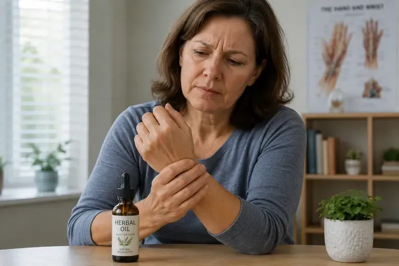 woman with hand pain and herbal oil