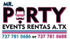 Logo for "Mr. Porty" events featuring a stylized face icon and contact numbers 737-781-0686 or 737-781-0688 in pink and blue.