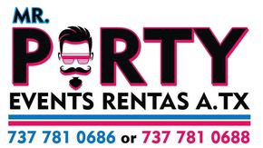 Logo for "Mr. Porty" events featuring a stylized face icon and contact numbers 737-781-0686 or 737-781-0688 in pink and blue.