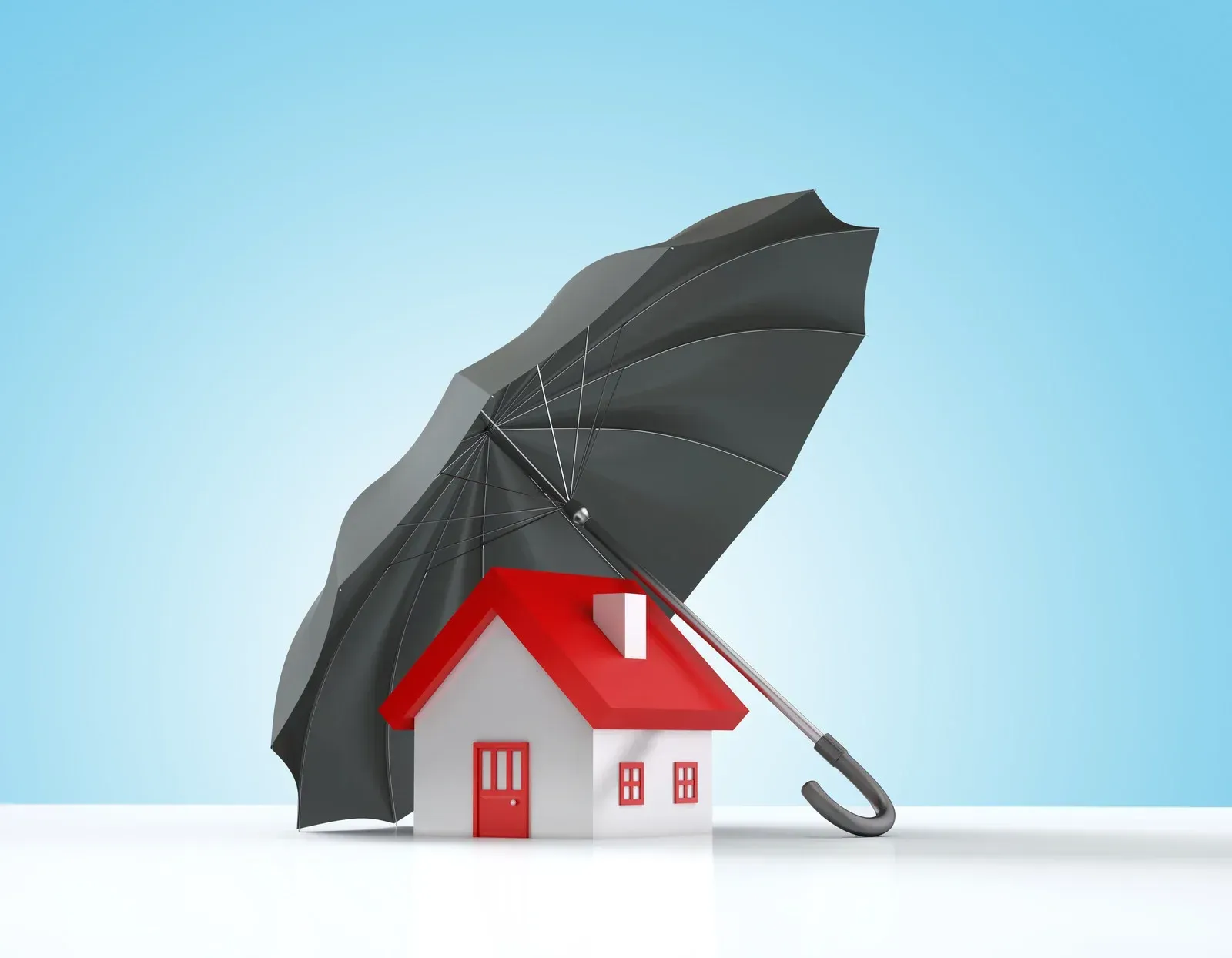 A house with a red roof is covered by a black umbrella.
