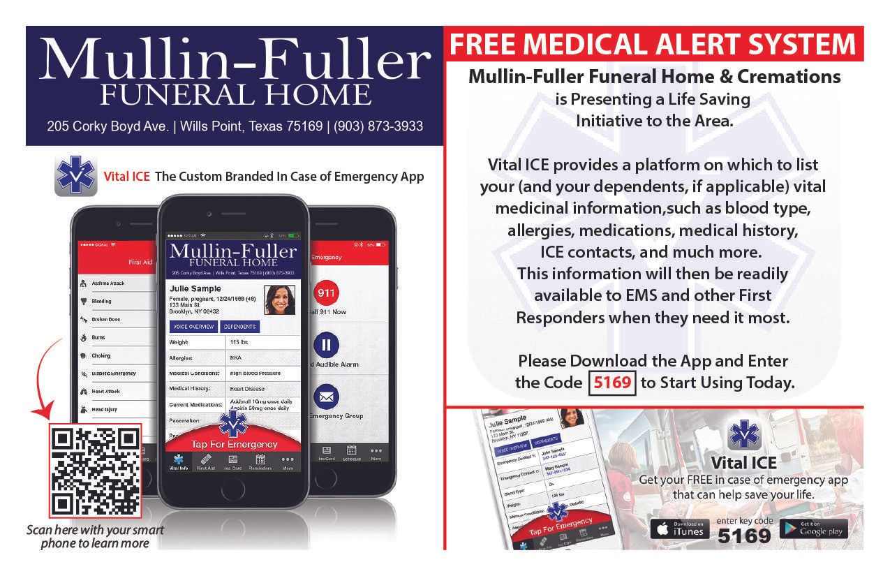 Mullin-Fuller Funeral Home ad; offers free medical alert system. Shows app on phones with QR code.