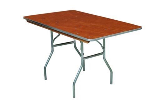 A white folding table with metal legs on a white background.