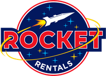 A logo for rocket rentals with a rocket on it