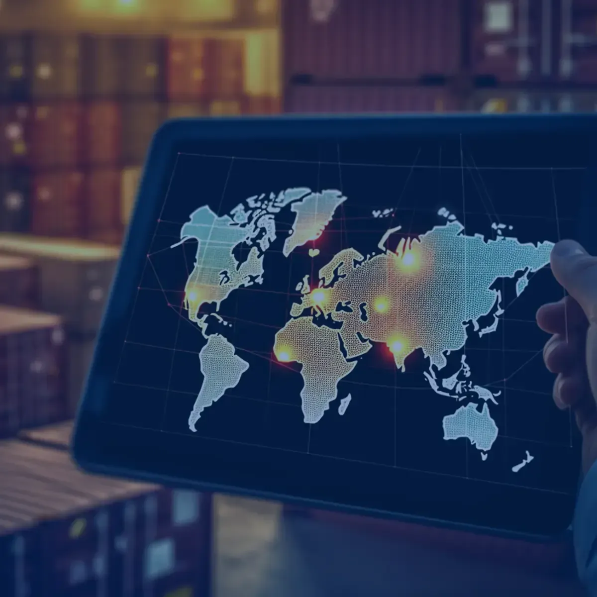 A person is holding a tablet with a map of the world on it.