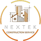 Nextek Construction Service logo with stylized building icons in brown and orange circular design