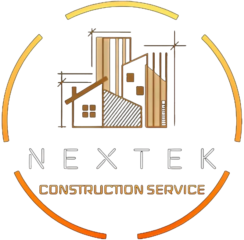 Nextek Construction Service logo with stylized building icons in brown and orange circular design
