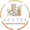 Nextek Construction Service logo with stylized building icons in brown and orange circular design