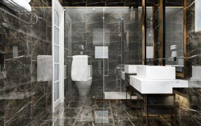 Modern bathroom with black marble walls, white toilet, and floating sink behind a glass shower door