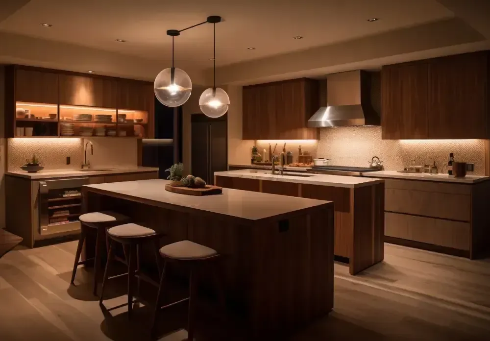 Warm modern kitchen with wood cabinetry, island seating, and two pendant lights above the counter.