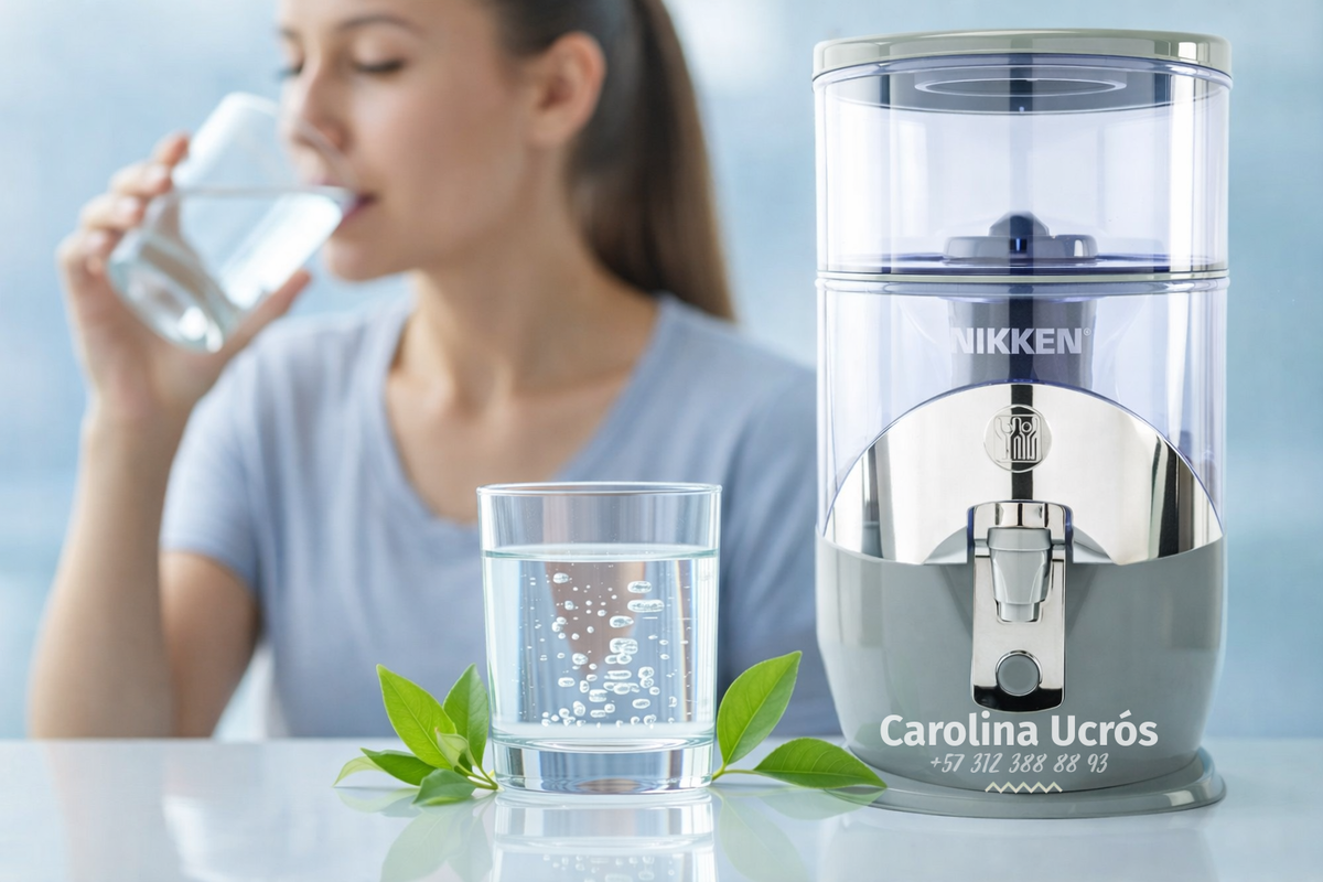 Mujer hidratándose con un vaso de agua alcalina junto a un sistema de purificación Nikken, representando bienestar y equilibrio corporal.