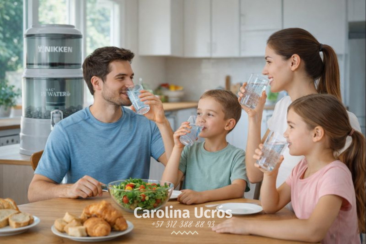 Familia bebiendo agua purificada en casa con purificador Nikken.