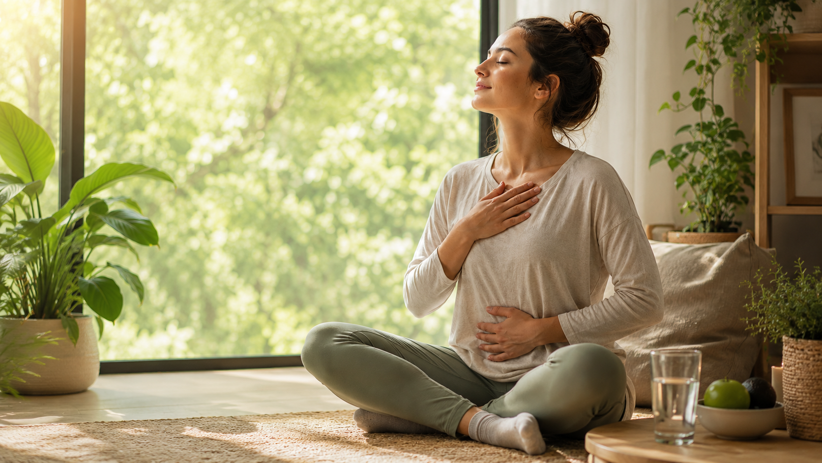 Mujer meditando en un espacio interior luminoso con plantas, agua y ambiente natural de bienestar.