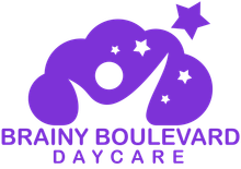 A purple logo for brainy boulevard daycare with a cloud and stars.