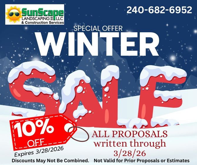 Winter Sale advertisement by SunScape Landscaping, offering 10% off all proposals written through March 28, 2026.