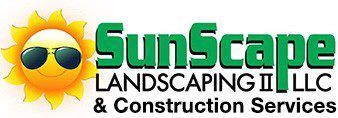 Logo of SunScape Landscaping II LLC, features a smiling sun wearing sunglasses, with green text on a white background.