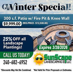 Advertisement for SunScape Landscaping II LLC offering a winter special on patios with fire pits and 25% off plantings.