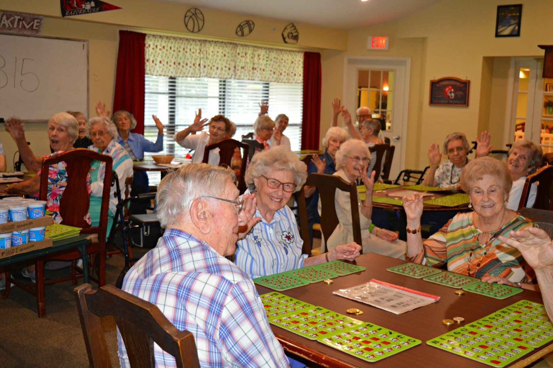 Seniors playing bingo, raising hands, and smiling in a brightly lit room.