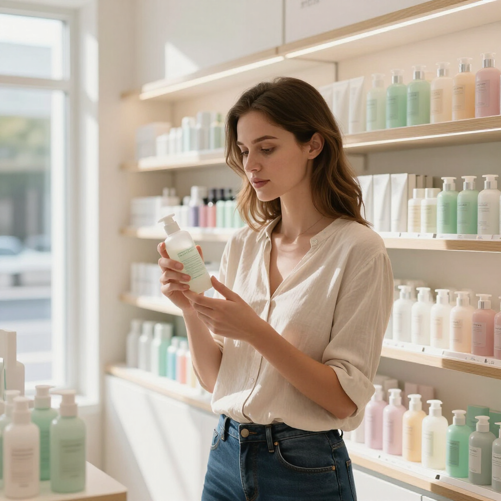 Una mujer examina un frasco de productos para el cuidado de la piel