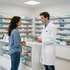 Farmacéutico consultando a un cliente en el mostrador de una farmacia