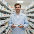 Farmacéutico con bata blanca sosteniendo una caja de medicamentos en un pasillo de la farmacia.