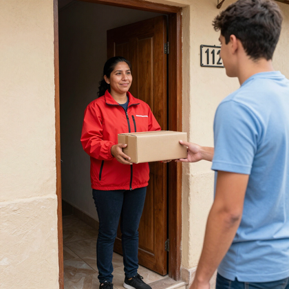 Un repartidor con chaqueta roja le entrega una caja a un hombre en una puerta.