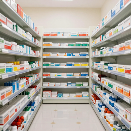 Un luminoso pasillo de farmacia con filas de estantes de medicamentos 
