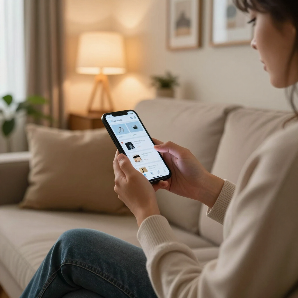 Persona usando un teléfono inteligente en un sofá en una sala de estar con iluminación tenue.