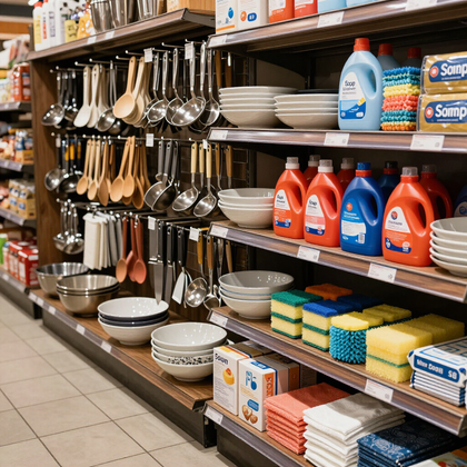 Pasillo de la tienda con platos, utensilios de cocina y productos de limpieza ordenados y apilados en los estantes.