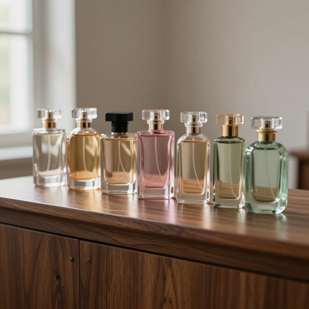 Siete frascos de perfume de cristal sobre una cómoda de madera junto a una ventana soleada.