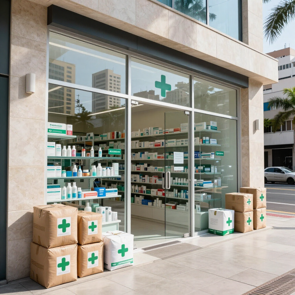 Fachada de farmacia moderna con ventanas de cristal y cajas de medicamentos apiladas en la acera.