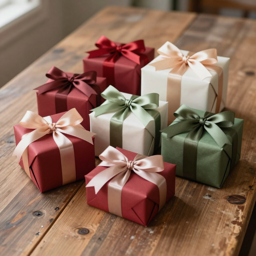 Seis cajas de regalo envueltas en rojo, verde y crema sobre una mesa rústica de madera.