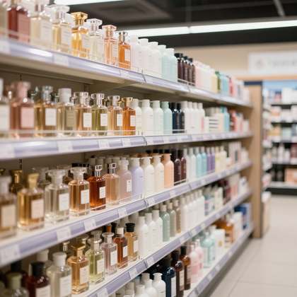 Estanterías con frascos de perfume surtidos en el pasillo de una tienda.