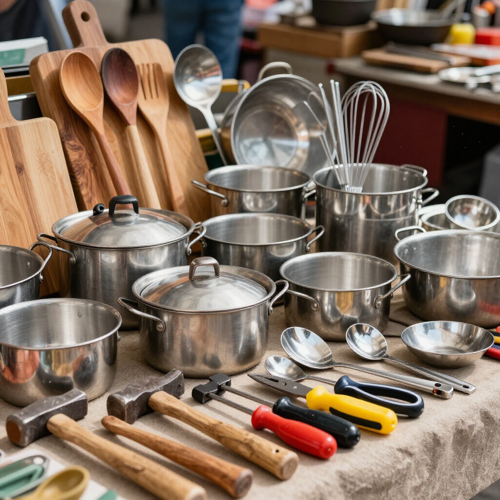 Variedad de ollas, sartenes, cucharas de madera y utensilios de acero inoxidable expuestos sobre una mesa en un mercado.